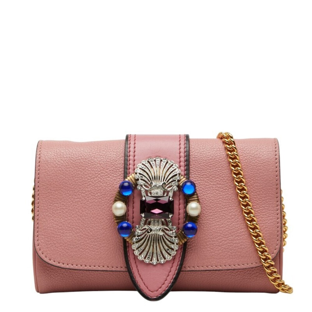 Miu Miu pink leather Madras chain bag ornate crystal pearl shell motif